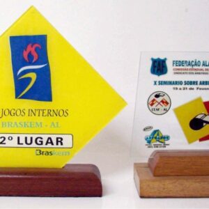 Troféu em acrílico com base em madeira